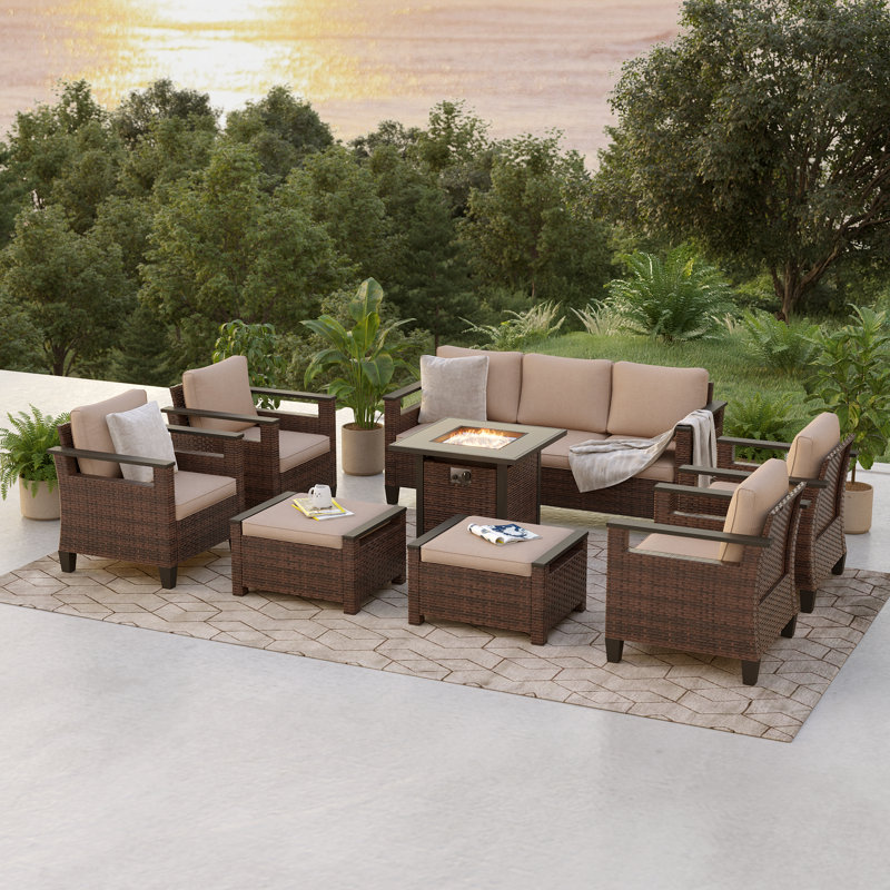 8 Piece Patio Sofa with Square Fire Pit Table and Ottomans, Sand