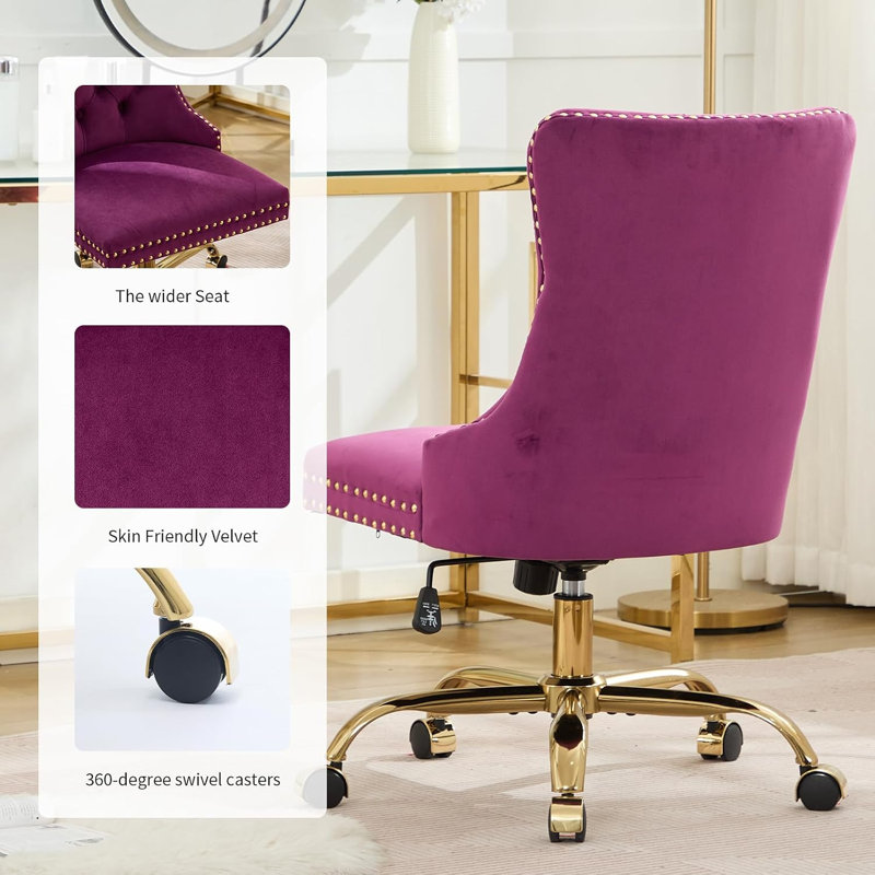 Chaise de bureau moderne en velours capitonné avec piètement en métal doré, chaise de bureau pivotante et réglable (violette)