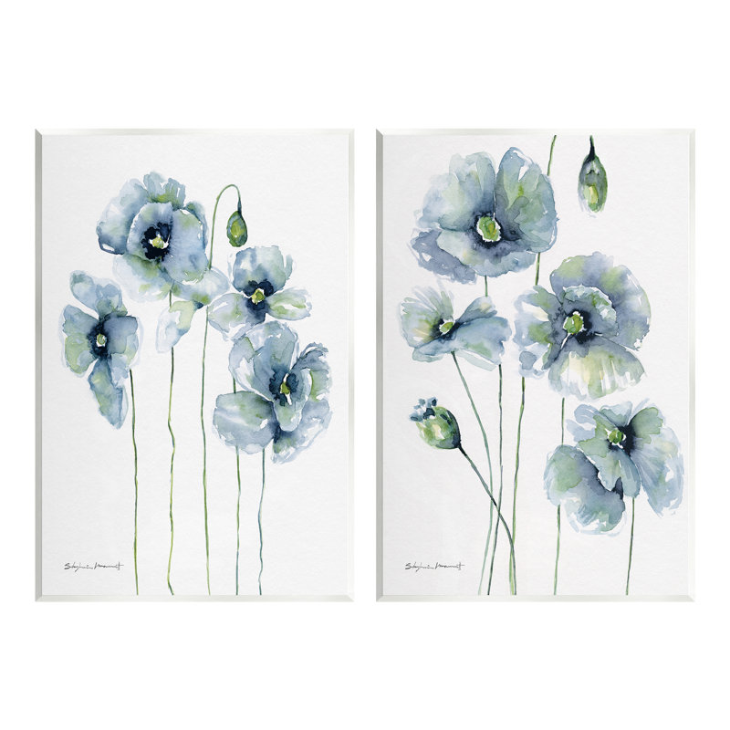 «Blue Poppies Blooming Garden Flowers» par Sally Swatland - ensemble de 2 impressions, H 19 po x l 26 po x P 0,5 po, Bois