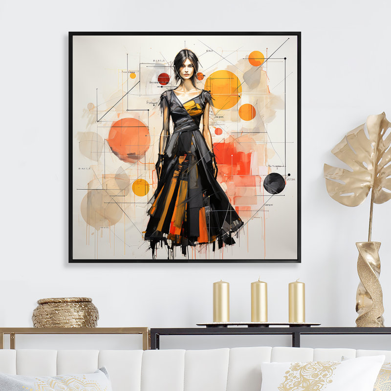 «Geometric Grace Fashion Diva I», art mural tendance, Cadre flottant noir, H 30 po x l 30 po x P 1,5 po