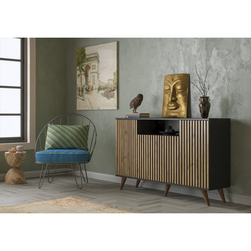 Modern Console Table, 3.2 ft Wide x 3.0 ft High x 1.2 ft Deep | 100% Chipboard with MDF Frame, Striped Design in Black & Atlantic Pine | Stylish & Functional for Living Room or Entryway, Durable & Elegant Finish