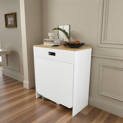 74-inch extendable dining table, equipped with power socket, lockable casters and small space storage cabinet, with a pull-out tabletop kitchen island