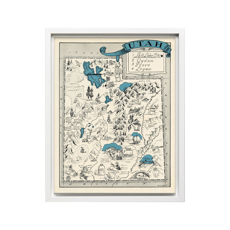 Carte illustrée de l'Utah, 12"H x 16"W, Canvas, White Framed