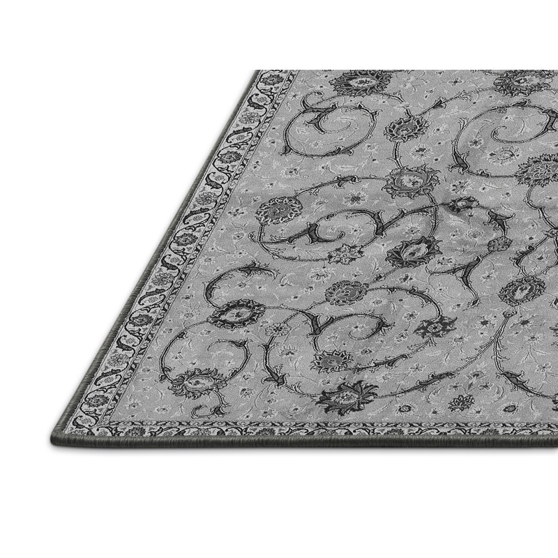 Tapis floral tissé à la machine à motif floral gris / noir, Rectangle 7 pi x 9 pi