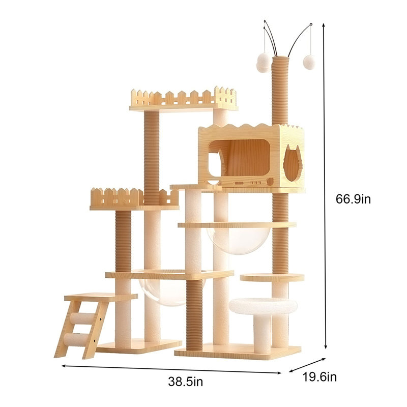 Tour à chat en bois avec poteaux à griffes recouverts de sisal et perchoir supérieur
