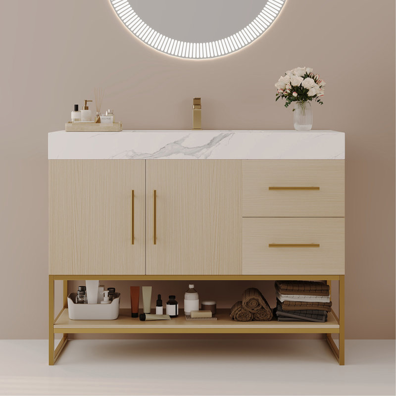 Meuble-lavabo autoportant moderne avec lavabo en céramique sans soudure et plateau en pierre frittée, Beige