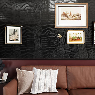 Black Crocodile Textured Peel And Stick Wallpaper, Self-Adhesive Vinyl Faux Leather Contact Paper For Cabinets, Dressers, Accent Walls, 12"X354" (29.5 Sq Ft), Waterproof, Removable, Easy To Install