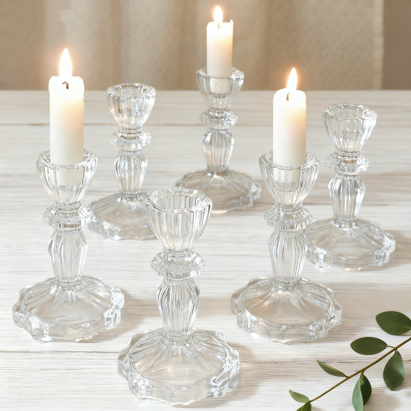 Set Of 6 Crystal Glass Candlestick Holders For Elegant Table Decor, Wedding, Party, And Home Centerpiece, Clear