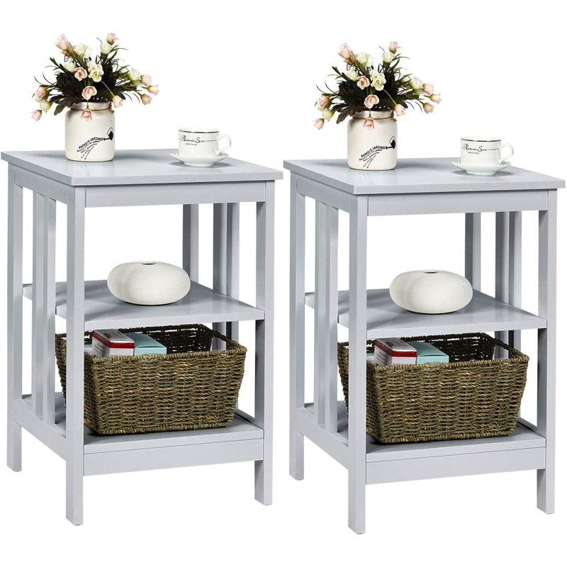 3-Tier Wooden End Table with Side Bars, Gray