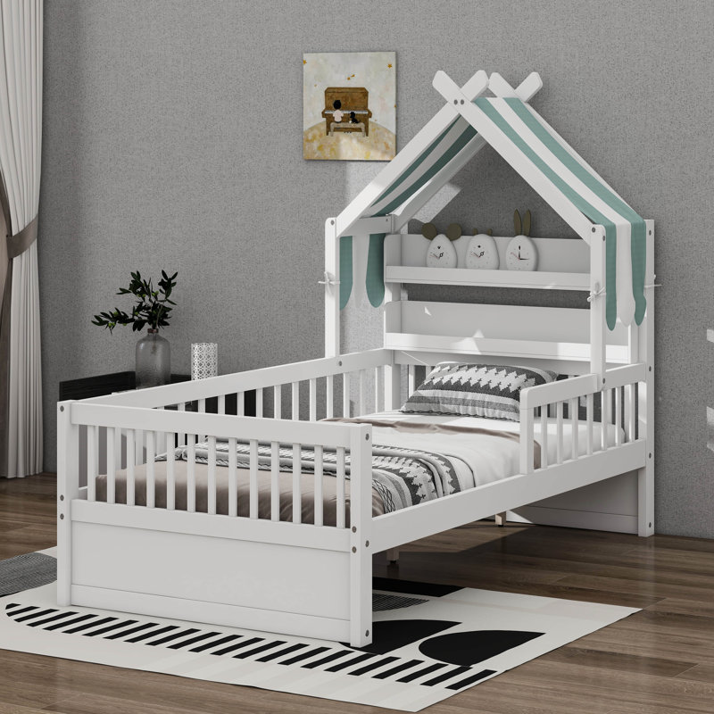 Lit maison avec tablette de tête de lit et auvent amovible, cadre de lit plateforme en bois avec garde-corps, Lit simple