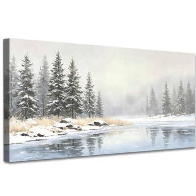 Winter Snow River Canvas Rustic Charm Winter Wall Art, Neutral Snowy Landscape Painting Serene Forest Picture Artwork Print for Living Room Bedroom Decor, 20x40 inches