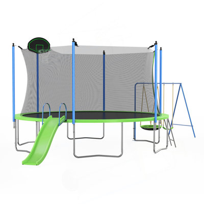 12FT Trampoline with Slide and Swings, ASTM Approved Large Recreational Trampoline with Basketball Hoop and Ladder,Outdoor Backyard Trampoline with Net, Capacity for Kids and Adults