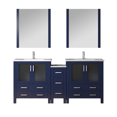 Volez 72 in W x 18.25 in D Double Bath Vanity with Side Cabinet, White Ceramic Tops, 28 in Mirrors and Chrome Faucet Set