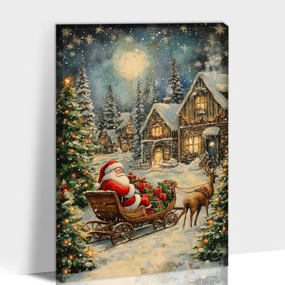 Abiel - traîneau du Père Noël en peinture de paysage hivernal, œuvre d'art de sapin de Noël, décorations de maison de vacances, affiche prête à accrocher, 12 po x 18 po