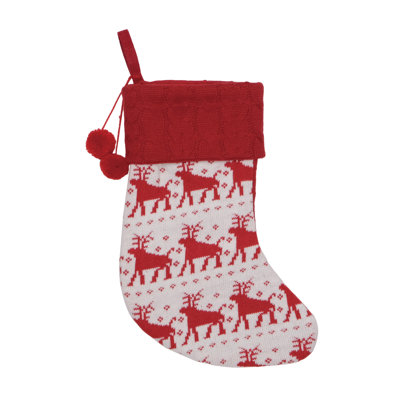 Season's Designs 18in Red  White Deer Stag Knit Christmas Stocking with Cuff Pom Poms
