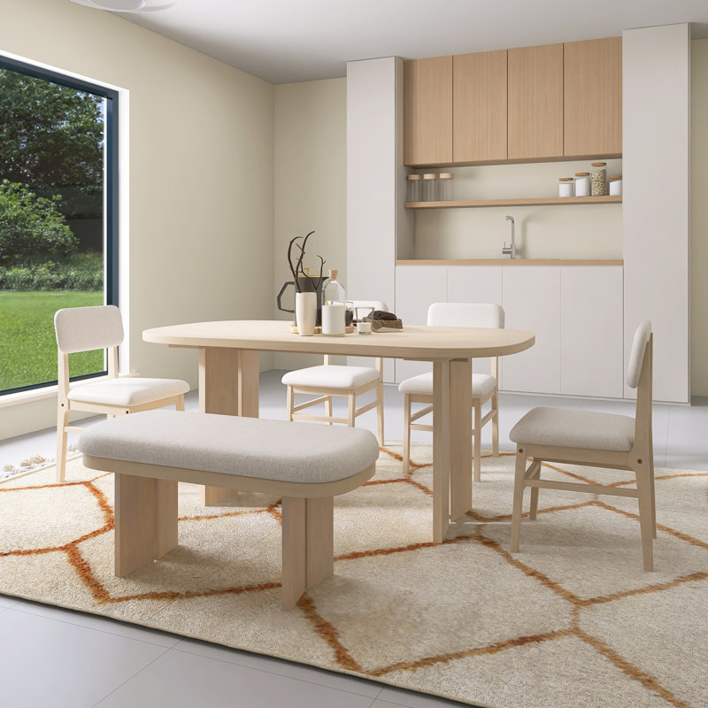 Natural Solid Wood Dining Table Set With Bench - 6-Piece Upholstered Chair Rectangular Dining Room Table Set With Bench, 2-Color Modern Farmhouse Kitchen Furniture