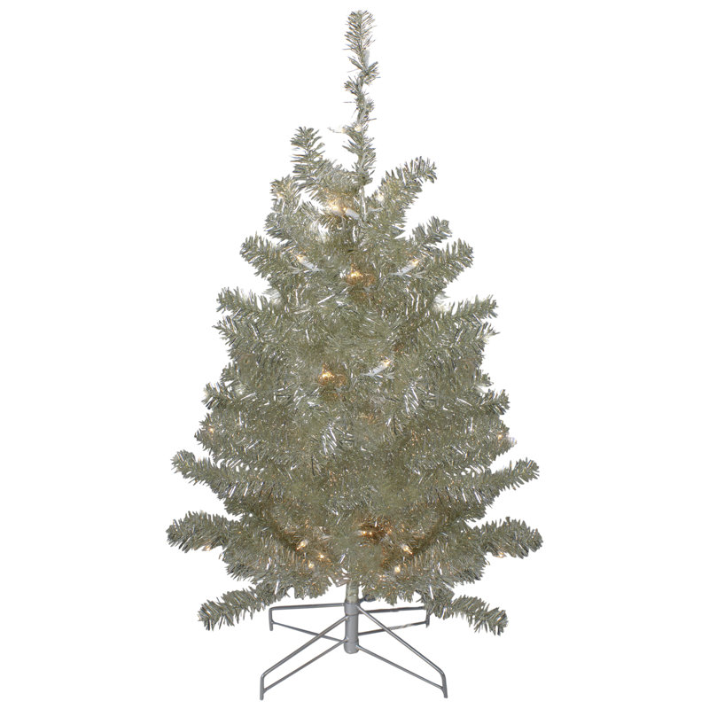 3' Metallic Sheer Champagne Artificial Tinsel Christmas Tree - Clear Lights
