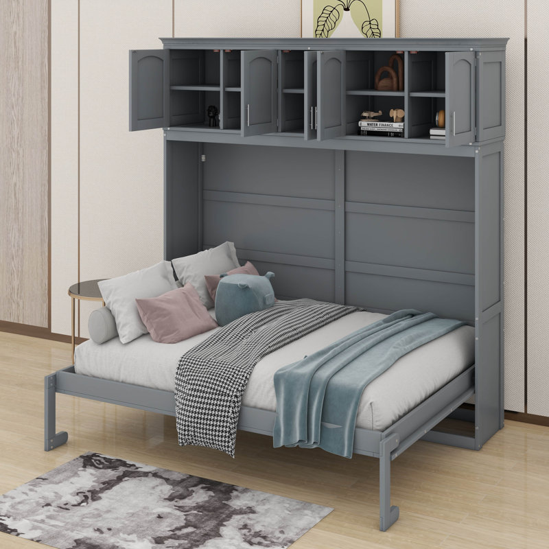 Lit escamotable double avec armoires supérieures, Double, gris