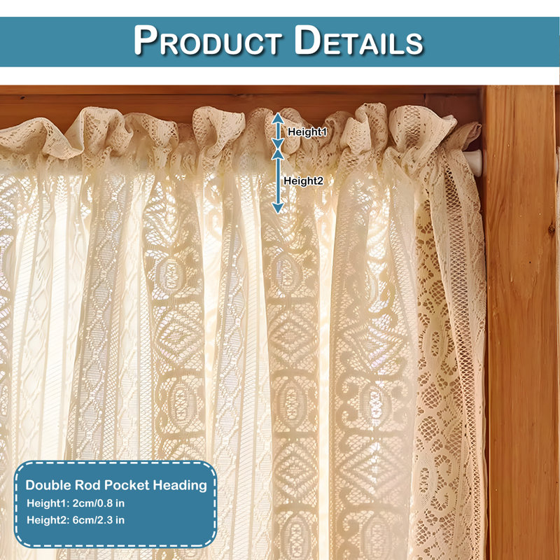 Boho Tassels Sheer Short Curtain 2 Layer Gauze Drape Valance Panel, 52"W x 17"L