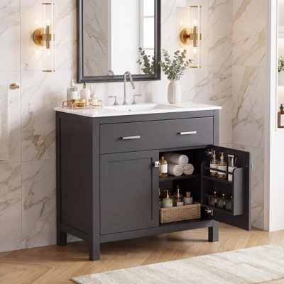 Meuble-lavabo moderne de 30 po avec lavabo sous comptoir simple, armoire de rangement avec 2 portes et 1 tiroir, quincaillerie à fermeture en douceur, rangement multifonctionnel, structure en bois massif