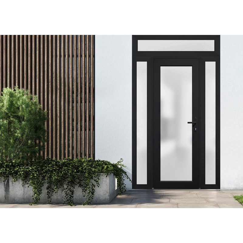 Façade extérieure en verre givré pré-suspendu Fibre de verre givré / Manux 8102 noir mat / 2 portes latérales et supérieures extérieures / Bureau Portes d'entrée commerciales et résidentielles Garage-W14 + 30 + 14 po x H80 + 14 po - À gauche