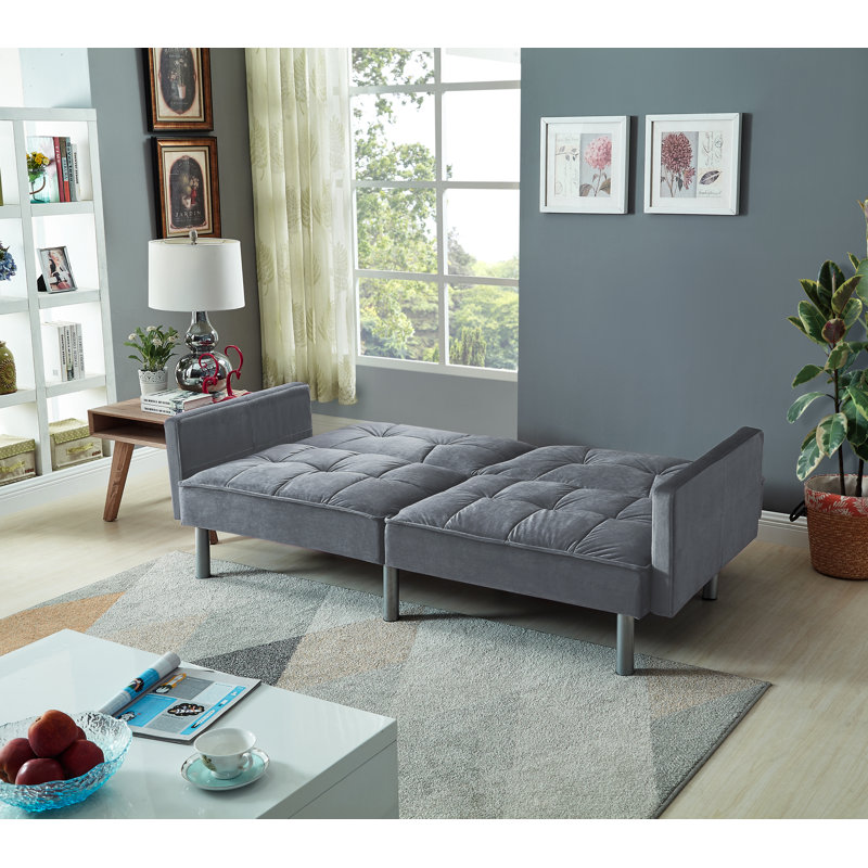 Hemphill 75.5'' Velvet Square Arm Sofa Bed, Gray Velvet