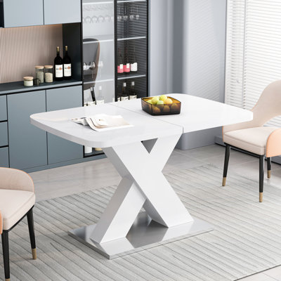 Modern Dining Table, Square Shape, White Top & Steel Construction, Stretchable Feature Stretchable, With Base, Easy Maintenance, 89.3 Lbs