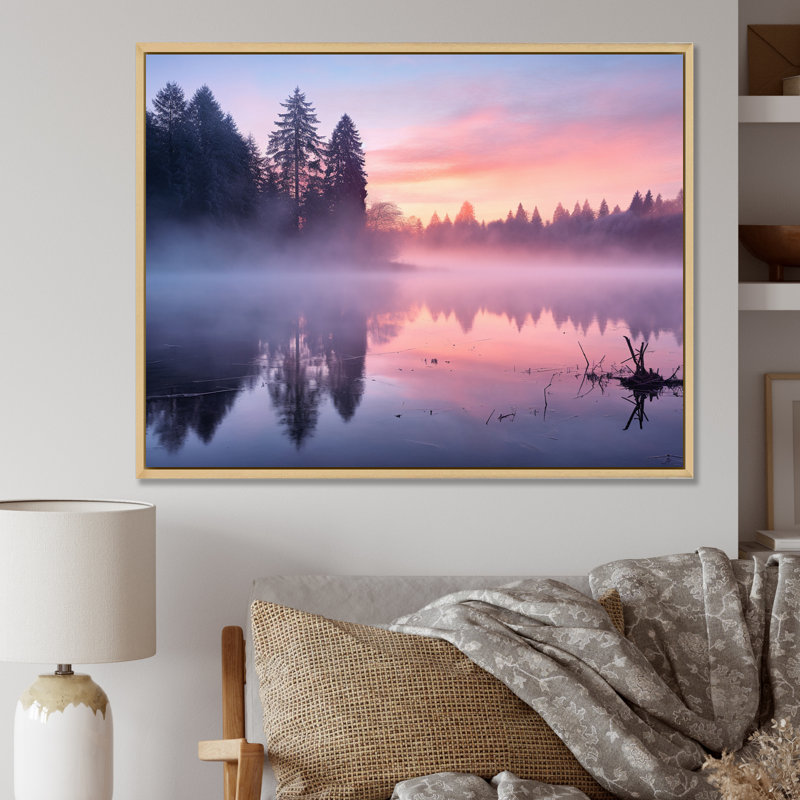 " Pastel Sunrise Misty Mountain Lake ", Natural Floater Framed, 12" H x 20" W x 1" D