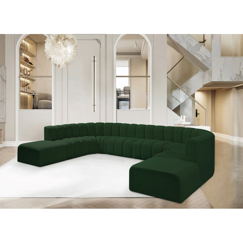 Hurlburt Upholstered Curved Sectional with Ottoman Reversible, Green Boucle Fabric