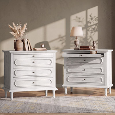 Vintage 28.3''W 3-Drawer Solid Wood Nightstand with Built-in Outlets and Pull-out Shelf, Fully Assembled(Set of 2)