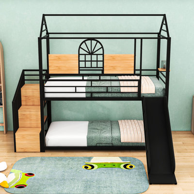 Twin Over Twin Metal Bunk Bed With Slide & Guardrails, Storage Staircase, House-Shaped Design