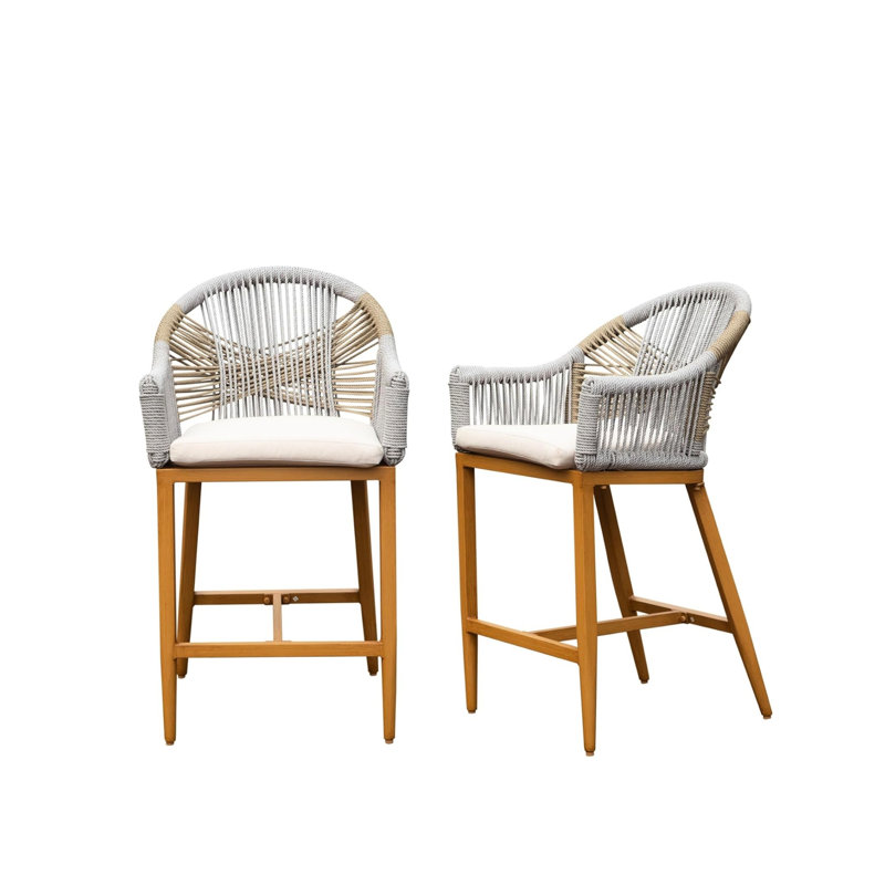 Of 2 Outdoor Bar Chairs With Arm And Back Support, Cushioned Counter Height Stools, Aluminum Rope Temptation For Garden, Pool, Patio, Kitchen - Khaki Stools Cushion Included, Frame In Patio Beauty