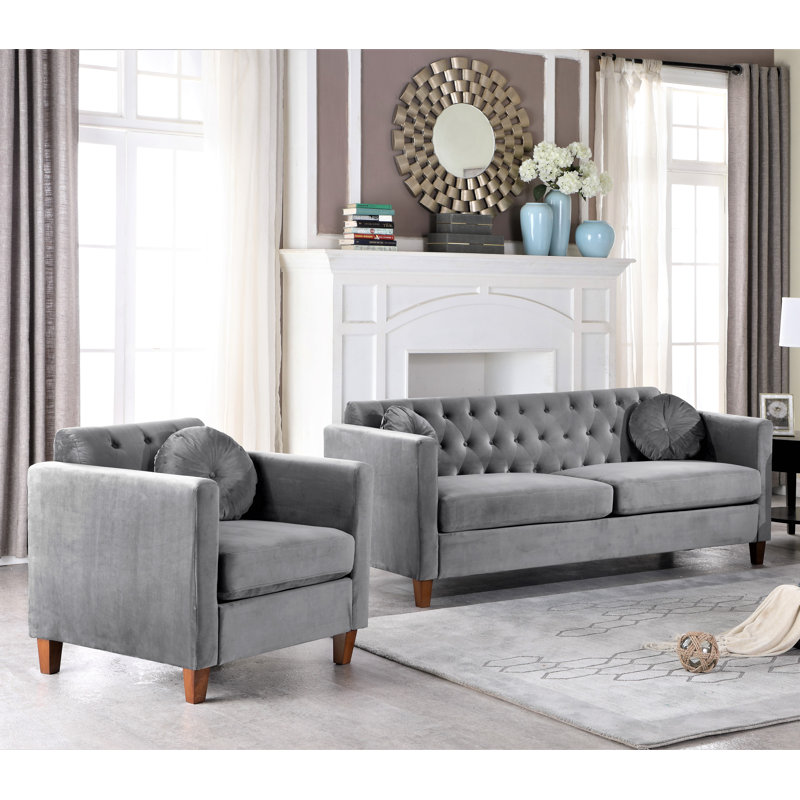 Ensemble de salon en velours 2 pièces Prady, Velours gris