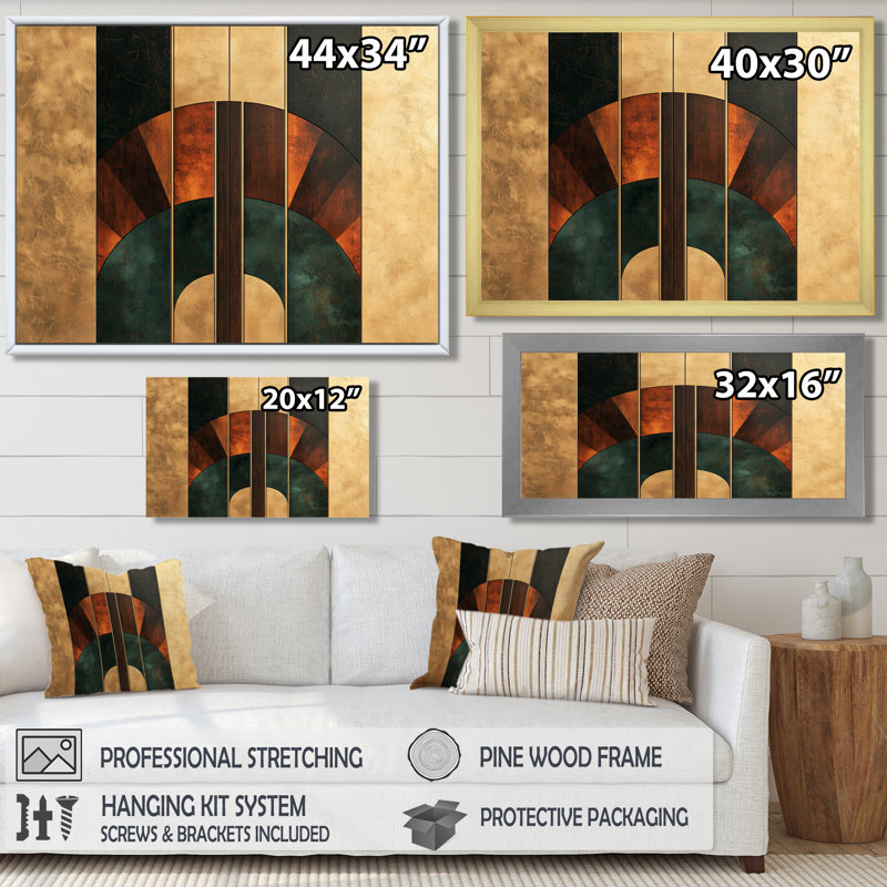 Formes géométriques essentielles noyer III - art abstrait Art déco, Brun, H 28 po x l 60 po, Cadre flottant