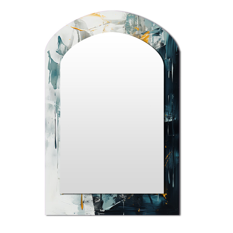 Bliss Of Happiness In Yellow And Blue III - Abstract Collages Asymmetrical Decorative Wall Mirror, Blue Arch Large Mirror, Printed Metal Art