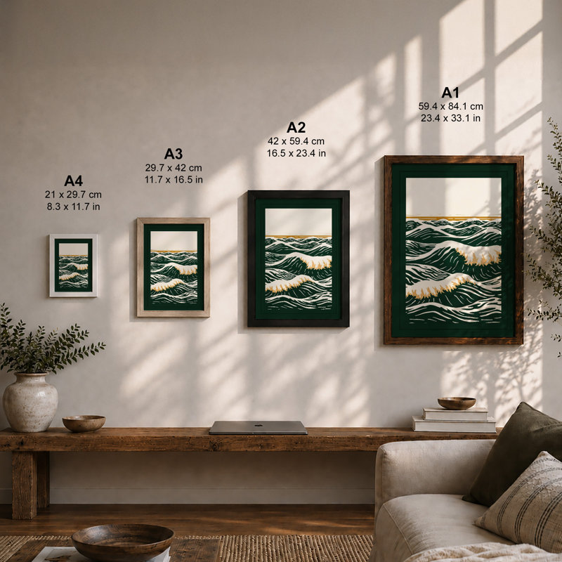 Rolling Waves Coastal - Framed Print, A2 - 59.4 x 42.0 cm, Oak