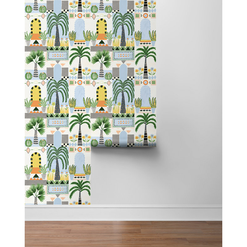 Papier peint à motifs géométriques Zilpha, Bleu ciel / blanc cassé