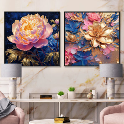 Pivoine rose avec feuilles dorées - ensemble de 2 collages carrés coquelicots