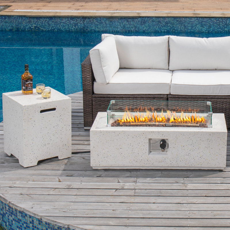Laice Orren Ellis 50000 BTU Rectangle Concrete Propane Outdoor Fire Pit Table With Wind Guard, Tank Cover