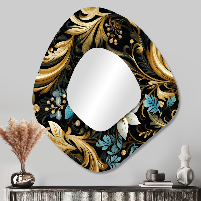 Fleurs de damas noires et dorées - miroir asymétrique damassé, miroir mural noir de forme unique, impression d'art en métal