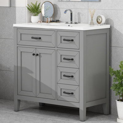 Ensemble de meuble-lavabo 36 po avec lavabo | Armoire avant rainurée, 3 tiroirs + portes doubles, structure en bois d'hévéa, robinet de 4 po, bouchon de 200 lb, finition imperméable