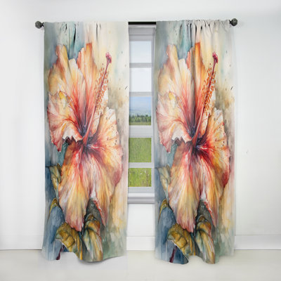 Orange Grey Hibiscus Euphoria II - Floral Velvet Curtain - 1 Panel