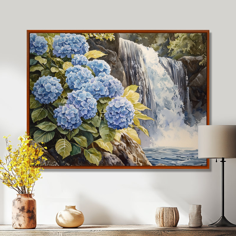 Jaber Hydrangeas By The Waterfall I - Hydrangea Wall Art, 30" H x 40" W, Brown, Floater Framed