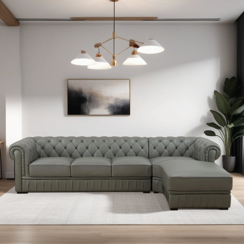Canapé modulaire classique Chesterfield, Cuir véritable gris, Accoudoir à droite (vu de face)
