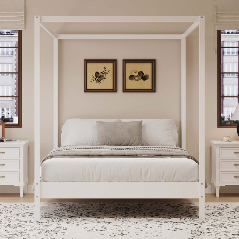 Solid Wood King Size Canopy Bed Frame with Four Poster Support, No Box Spring Needed, Elegant White Finish