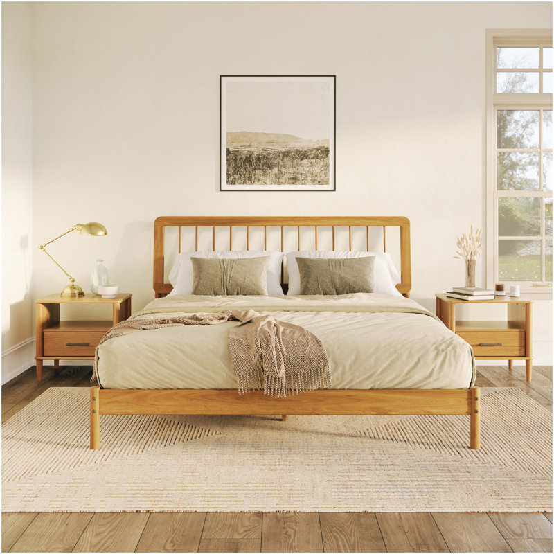 Très grand lit en bois massif Mid-Century moderne - caramel, Très grand lit