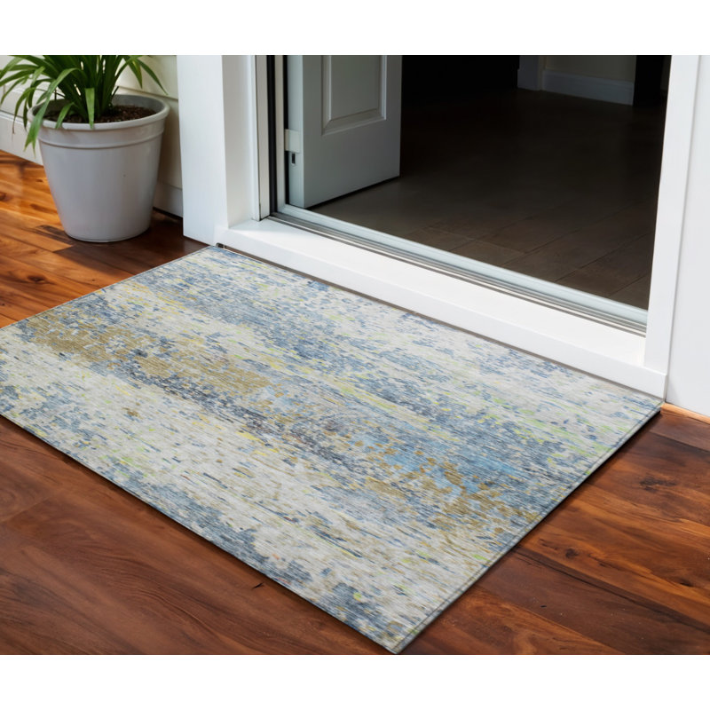 3' X 5' Blue Green And Ivory Abstract Washable Indoor Outdoor Area Rug