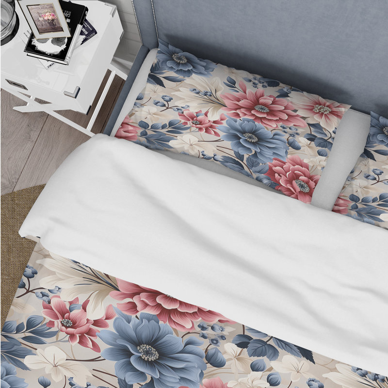 Ensemble de housse de couette rose et bleu à motif de fleurs de ferme, Housse de couette simple + 1 taie décorative stan