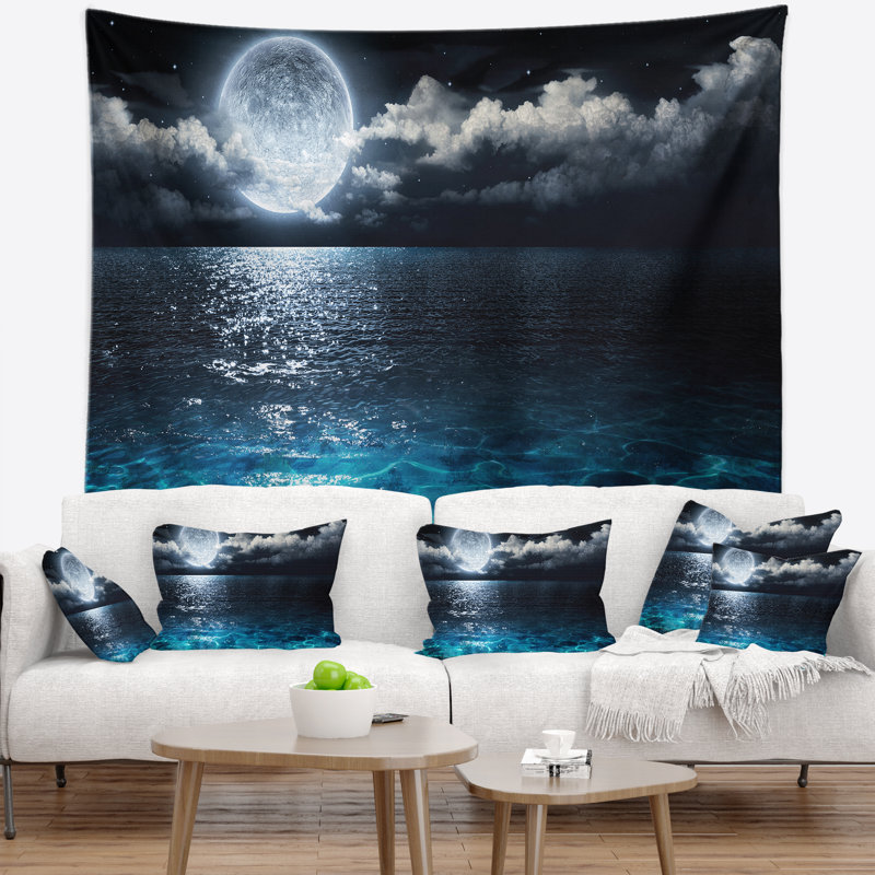 Tapisserie pleine lune sur mer seascape romantique, H 50 po x l 60 po