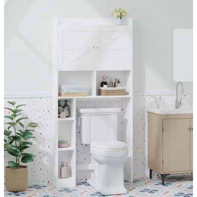 Over-The-Toilet Storage Cabinet With Adjustable Shelf, Bathroom Space Saver With Double Doors And Open Shelves, Freestanding Toilet Organizer Rack For Bathroom Storage – White